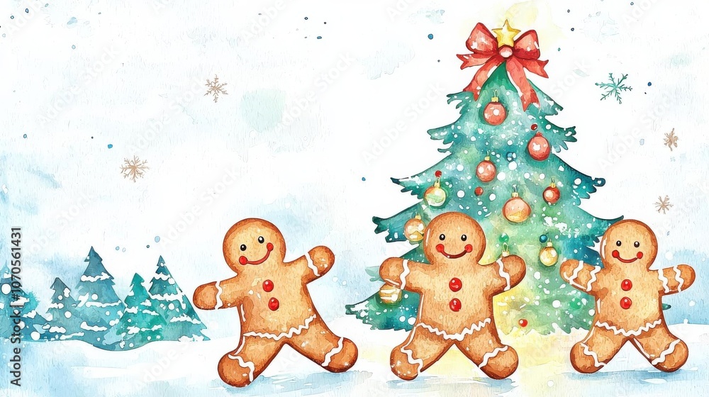 Gingerbread men dancing around a glowing Christmas tree in a snowy wonderland, magical holiday scene Gingerbread men dancing around a glowing Christmas tree in a snowy wonderland, magical holiday scene