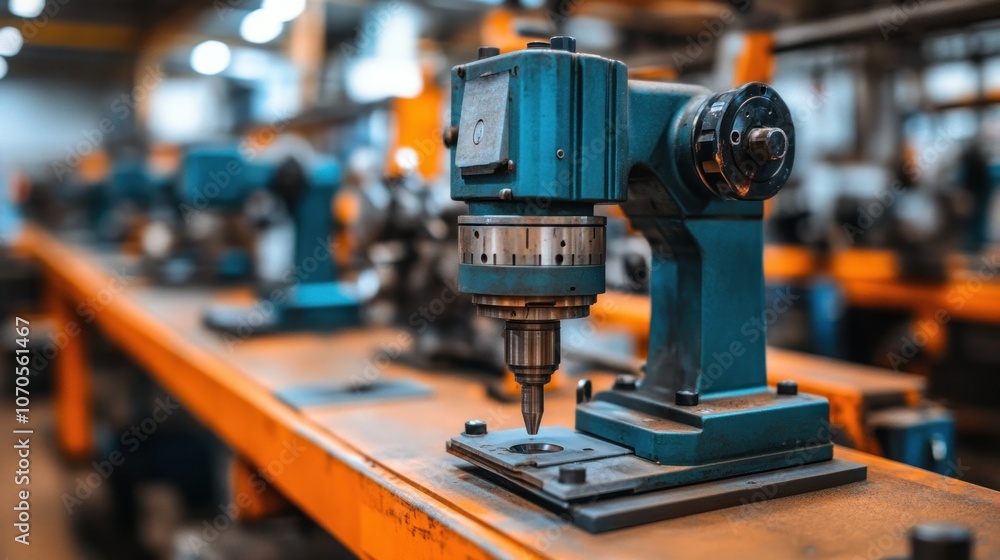 Close-up of a blue industrial drill press on an assembly line. Close-up of a blue industrial drill press on an assembly line.