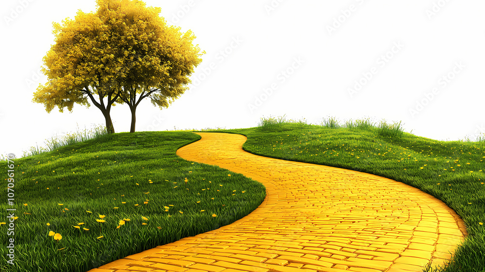 Fototapeta premium Enchanted yellow brick road leading to magical emerald city in springtime , fantasy, oz, magicians isolated on white background, space for captions, png. Enchanted. Illustration