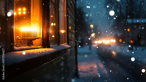 A snowy night with a menorah glowing in the window, lighting up the street outside as Hanukkah is celebrated within. photo