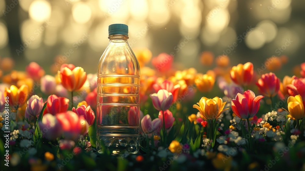 A water bottle amidst vibrant flowers in a serene setting. A water bottle amidst vibrant flowers in a serene setting.