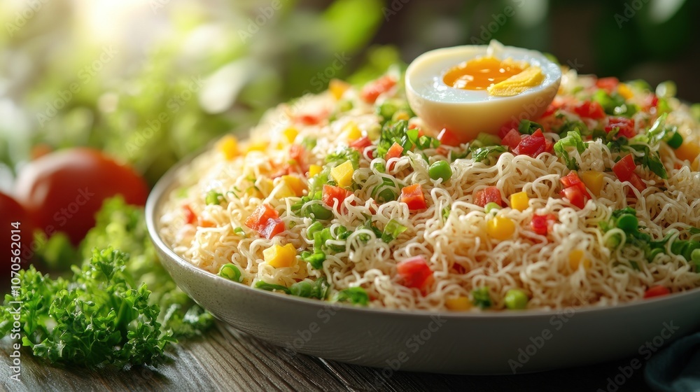 Close-up of a bowl of noodles with vegetables and a soft-boiled egg on top.