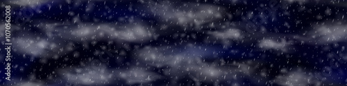 Dark blue night sky with snowfall and clouds as a seamless patern. Snow falling bg. Vector illustration with overlay effect and transparent elements