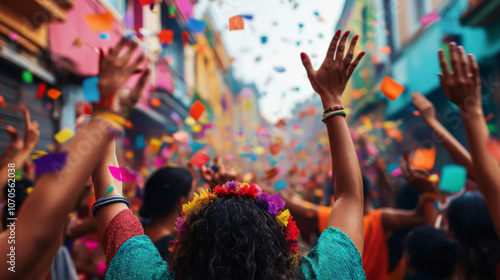 A street party celebrating Hispanic Heritage Month with confetti, flags, and people dancing to traditional music.