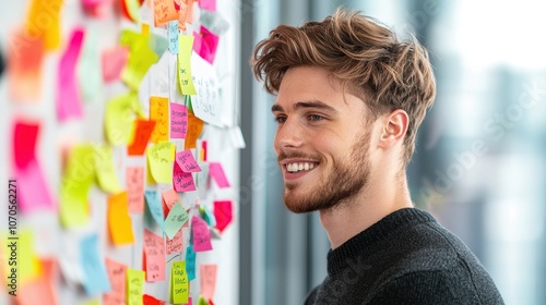 A group of smiling colleagues huddled around a whiteboard, brainstorming ideas and collaborating on a project in a lively and productive meeting. photo