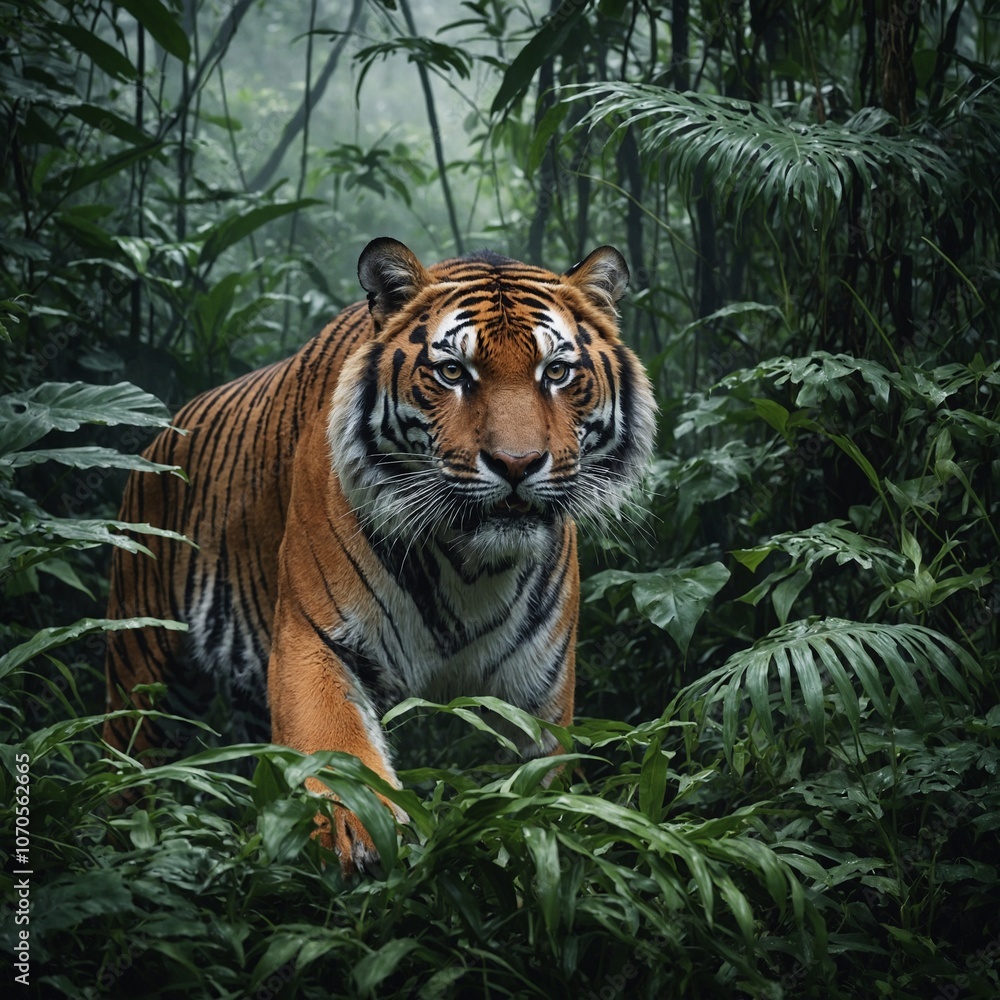 Fototapeta premium A majestic tiger prowling through dense, misty jungle foliage.