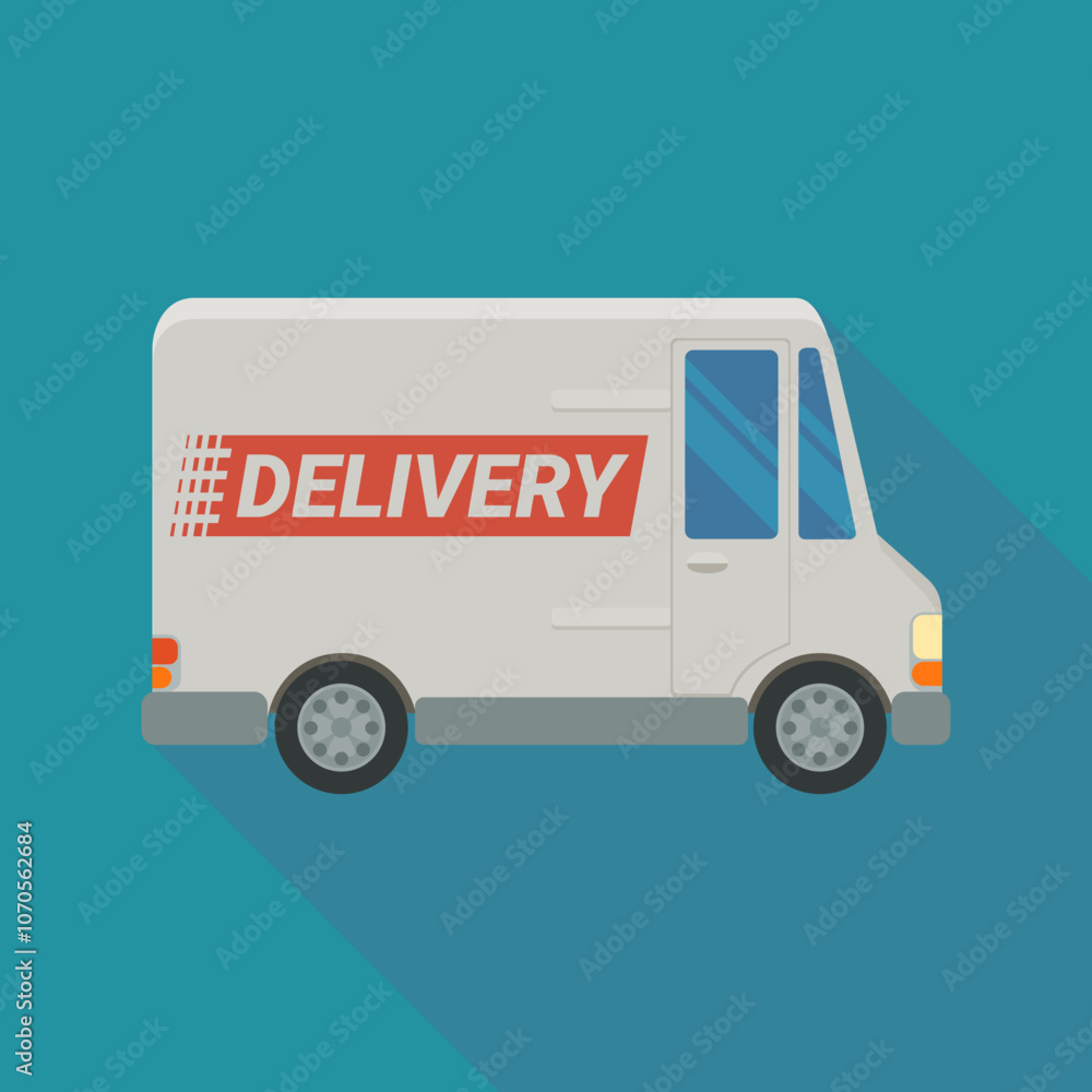 White delivery van on blue background with long shadow (flat design) White delivery van on blue background with long shadow (flat design)