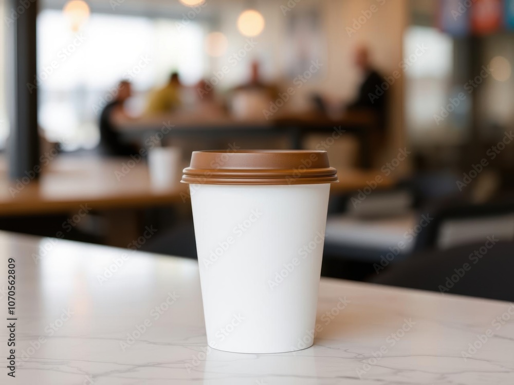 A realistic mockup of a disposable paper coffee cup with a customizable design, perfect for showcasing branding concepts in a takeaway coffee setting, take away, mockup