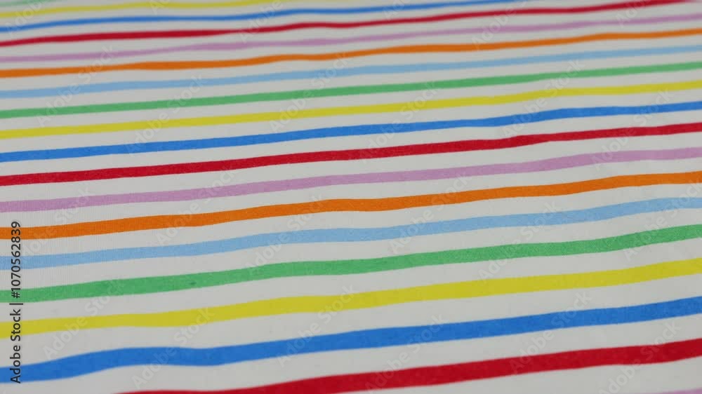 Top view of white cotton fabric with rainbow stripes rotated on the display case. Textile background on the theme is LGBTQ community, tolerance, equality and civil rights movements, design. Top view of white cotton fabric with rainbow stripes rotated on the display case. Textile background on the theme is LGBTQ community, tolerance, equality and civil rights movements, design.