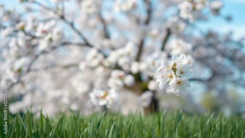 A soft-focused image of a blooming cherry blossom tree against a blurred background of green grass and blue sky, perfect for a spring song background, song, blurred