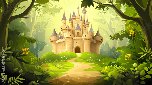 Fairy tale castle in a magical forest clipart illustration. Enchanted. Illustration