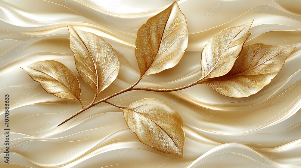 A branch with golden leaves rests on a creamy white, wavy background. A branch with golden leaves rests on a creamy white, wavy background.