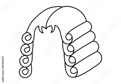 Hand drawn cute outline illustration judges wig. Flat vector lawyer curls peruke line art doodle style. Crime verdict icon, print. Justice and law. Control and order. Government legislation. Isolated.