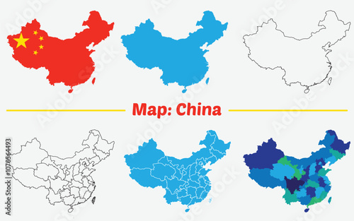 China map with regions, capital and cities, China Map Vector Pack. Map with Flag.