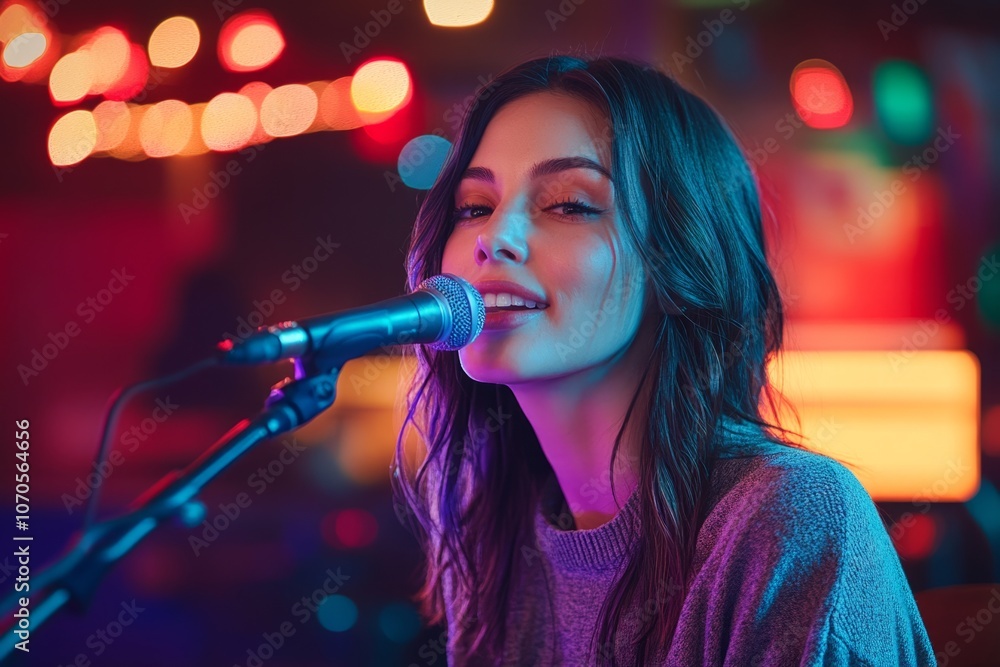 Female musician singing into microphone during a concert in a nightclub with colorful lights Female musician singing into microphone during a concert in a nightclub with colorful lights