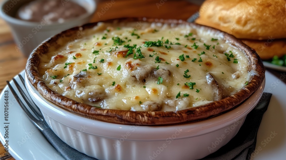 Close-up of a creamy mushroom casserole topped with melted cheese and fresh parsley in a white ceramic dish on a wooden table. Close-up of a creamy mushroom casserole topped with melted cheese and fresh parsley in a white ceramic dish on a wooden table.