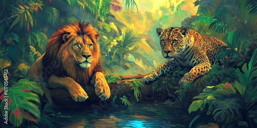 digital photo of tiger and lion in the forest photo