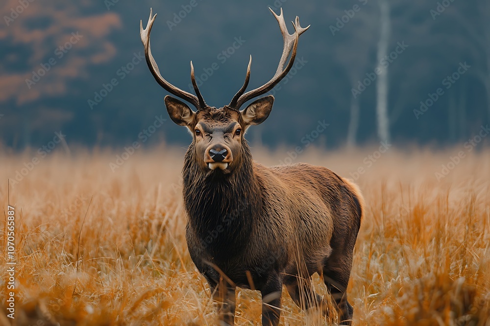 Attentive Deer with Antlers in Autumn Woodland Attentive Deer with Antlers in Autumn Woodland