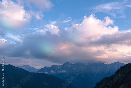 Images of mountains with iridescent clouds overhead where the cl