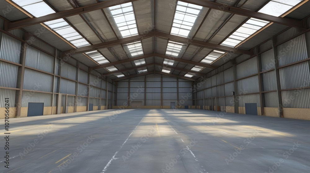 Large empty warehouse, spacious interior ready for logistics or storage use Large empty warehouse, spacious interior ready for logistics or storage use