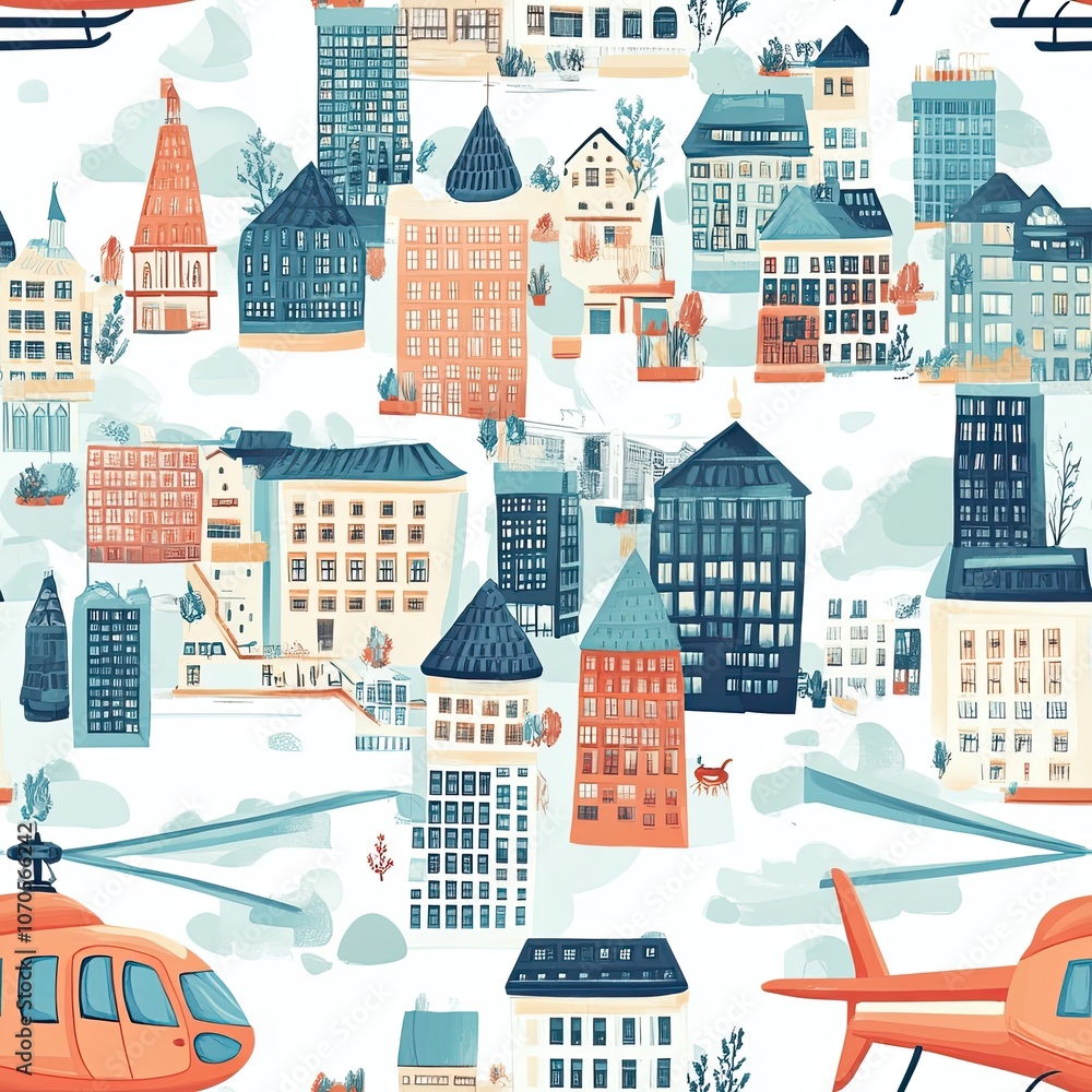 A Seamless Pattern of Cityscapes with Helicopters Flying Overhead A Seamless Pattern of Cityscapes with Helicopters Flying Overhead