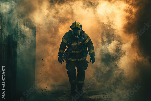 Brave firefighter wearing full protective gear and oxygen mask, walking through heavy smoke during a rescue operation inside a burning building