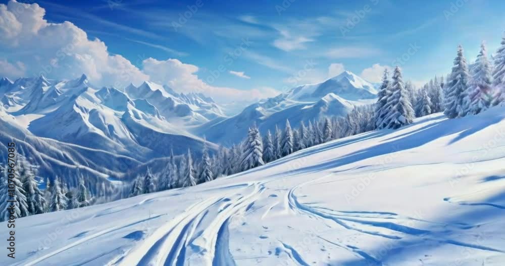 A serene winter landscape featuring snow-covered mountains and a clear blue sky. A serene winter landscape featuring snow-covered mountains and a clear blue sky.