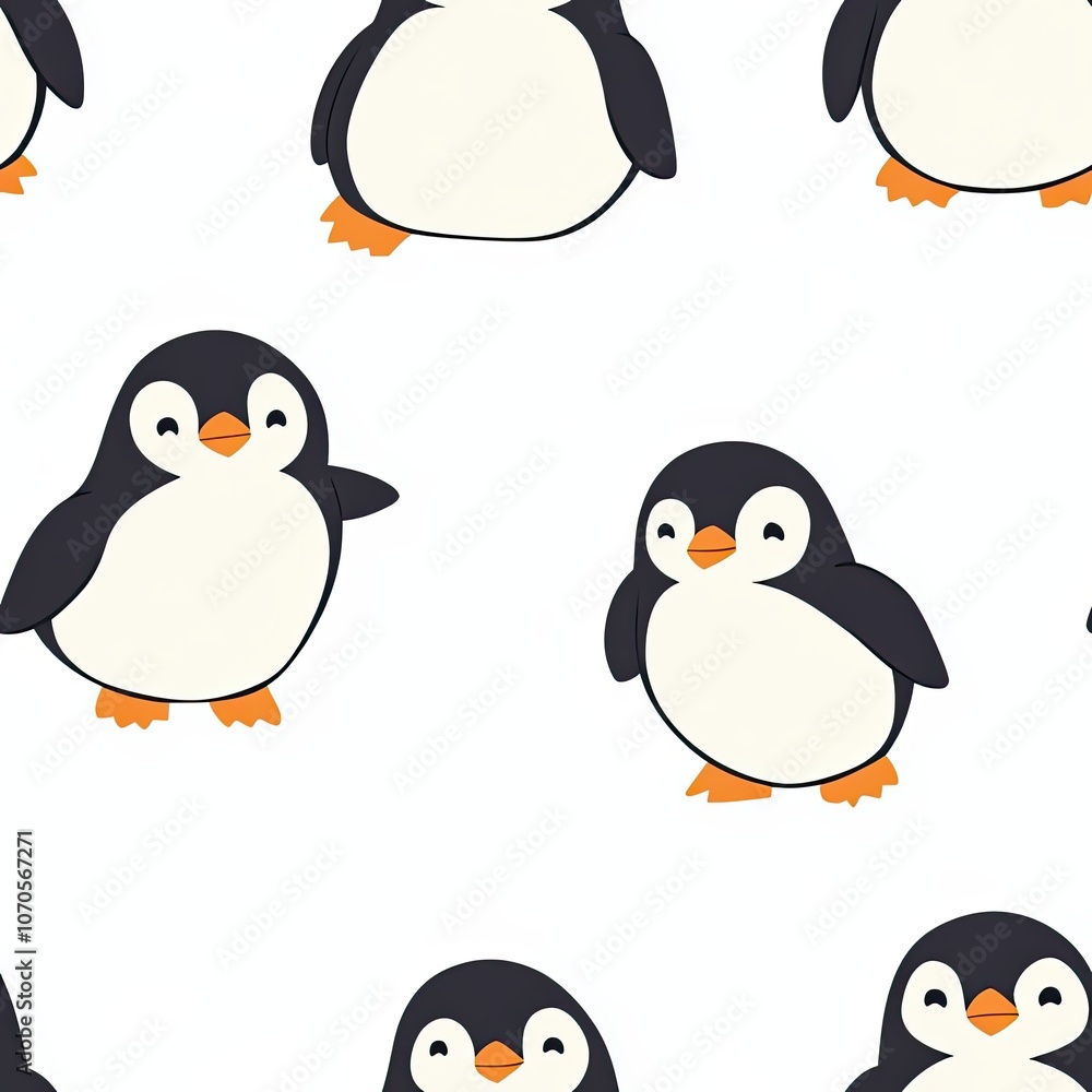 Naklejka premium Seamless Pattern of Adorable Cartoon Penguins on a White Background