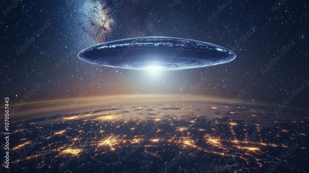 World ufo day enigmatic ufo suspended in the night sky above planet earth celebrated World ufo day enigmatic ufo suspended in the night sky above planet earth celebrated