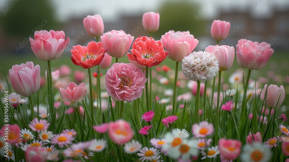 A vibrant field of pink and white tulips and daisies blossom in springtime, creating a serene and colorful landscape of natural beauty A vibrant field of pink and white tulips and daisies blossom in springtime, creating a serene and colorful landscape of natural beauty