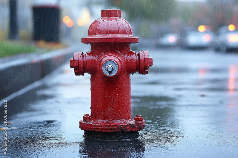 Red fire hydrant covered with raindrops standing on wet asphalt during rain in urban environment Red fire hydrant covered with raindrops standing on wet asphalt during rain in urban environment