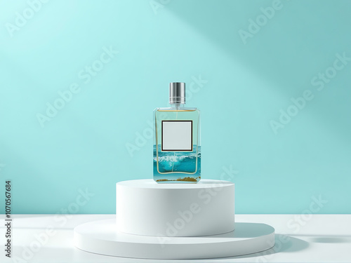 Wallpaper Mural Elegant glass perfume bottle displayed on a white pedestal against a serene blue background in soft natural light Torontodigital.ca