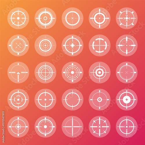 Colorful sniper rifle sights, weapon optical scope crosshair. Hunting gun viewfinder. Shooting mark symbol, aim. Military target sign. Game interface UI element. Vector illustration