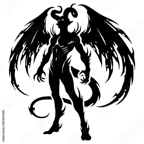 Demon:
A powerful and intimidating silhouette of a demon with wings and horns, representing strength and mythical themes.
