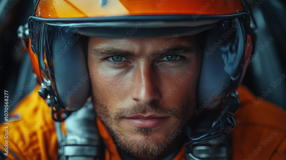 Close-up of a focused pilot in an orange helmet, ready for flight. Intense blue eyes showing determination. Close-up of a focused pilot in an orange helmet, ready for flight. Intense blue eyes showing determination.