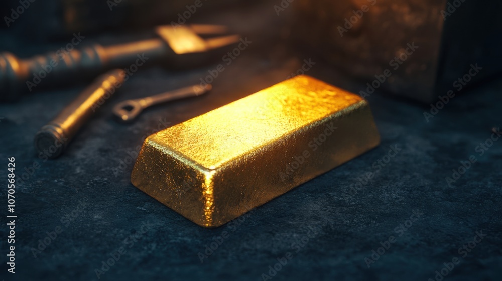 A gleaming gold bar rests on a dark surface, surrounded by various tools that suggest a context of crafting or treasure. A gleaming gold bar rests on a dark surface, surrounded by various tools that suggest a context of crafting or treasure.
