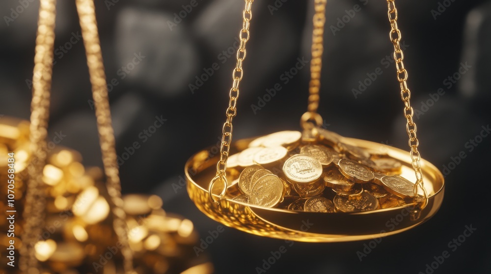 A golden scale balances coins, symbolizing value, wealth, and measurement against a dark background. A golden scale balances coins, symbolizing value, wealth, and measurement against a dark background.