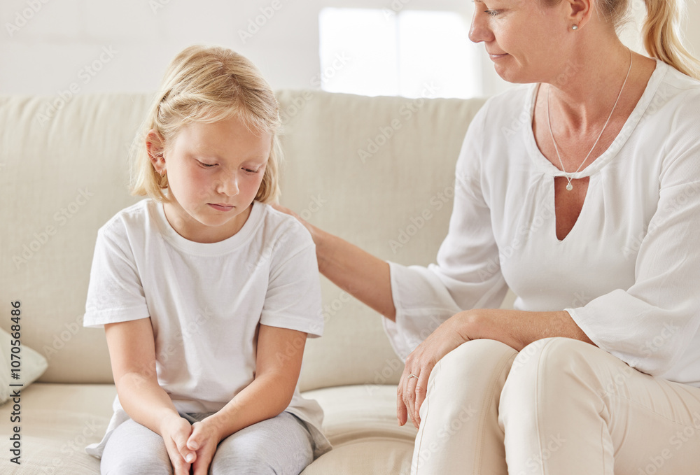 Sad, support and comfort with mother with child for bullying, protection and empathy in family home. Sympathy, compassion and woman psychologist with girl victim for safety, care or help for trauma Sad, support and comfort with mother with child for bullying, protection and empathy in family home. Sympathy, compassion and woman psychologist with girl victim for safety, care or help for trauma