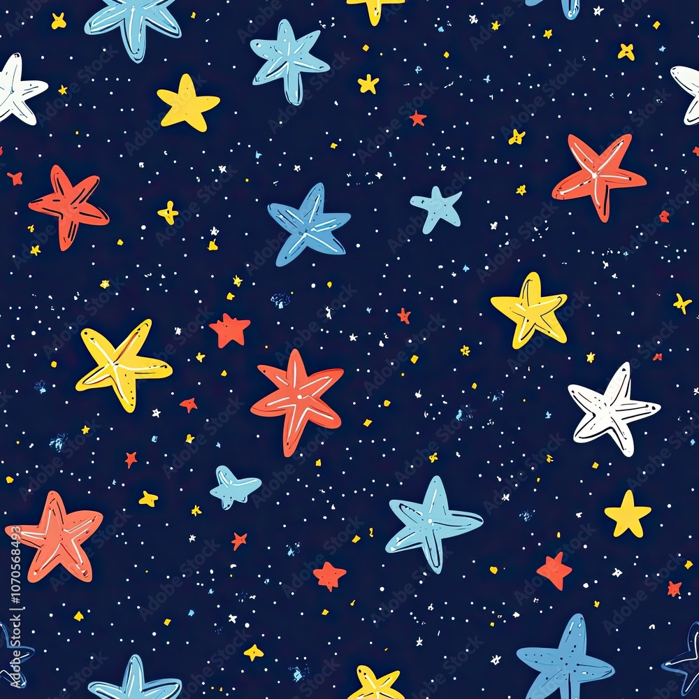 Colorful Hand-Drawn Star Pattern on a Dark Blue Background Colorful Hand-Drawn Star Pattern on a Dark Blue Background