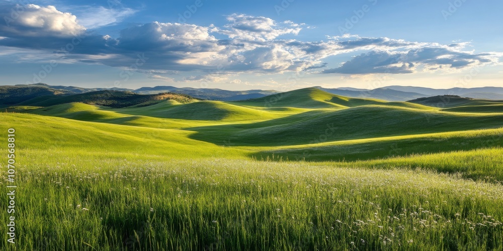 Obraz premium Rolling Green Hills with Blue Sky and White Clouds. Panoramic View of Beautiful Landscape