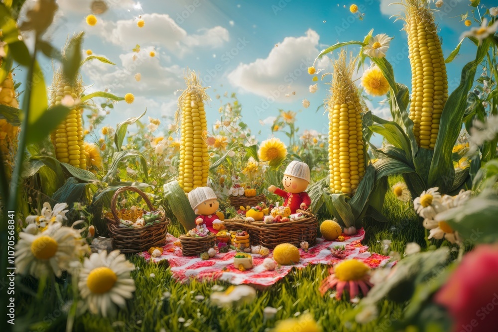 Fototapeta premium A vibrant picnic scene with cute characters surrounded by flowers and corn. This image showcases a joyful summer moment filled with fun and nature. Generative AI