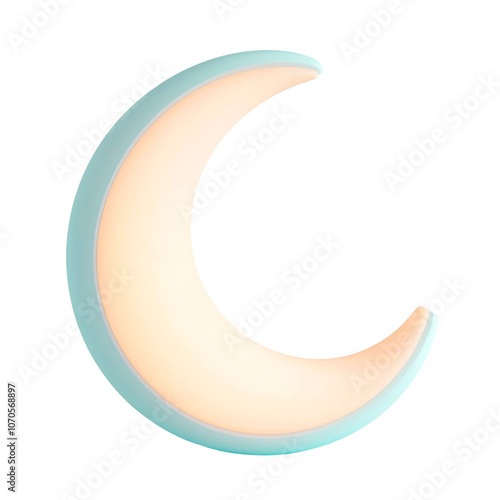 3D crescent moon illustration in pastel shades, glowing softly. Perfect for serene, night-themed designs and whimsical artwork. Isolated on transparent background, png.