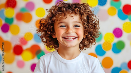 Smiling child, a cheerful child with curly hair smiles brightly in front of a vibrant background filled with colorful polka dots. Portrait of a happy kid smiling and laughing. Illustration