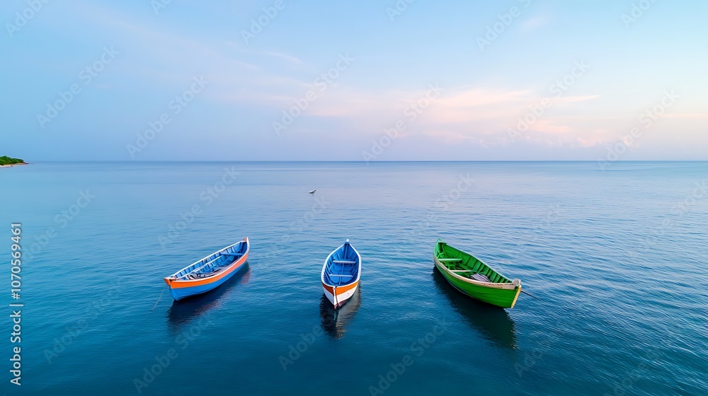 Three Boats Anchored in Tranquil Sea at Dawn Three Boats Anchored in Tranquil Sea at Dawn