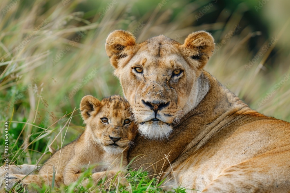 Obraz premium Lion Africa. Mother Lion with cub in Masai Mara, Kenya. Capturing Wild Nature and Wildlife in Africa