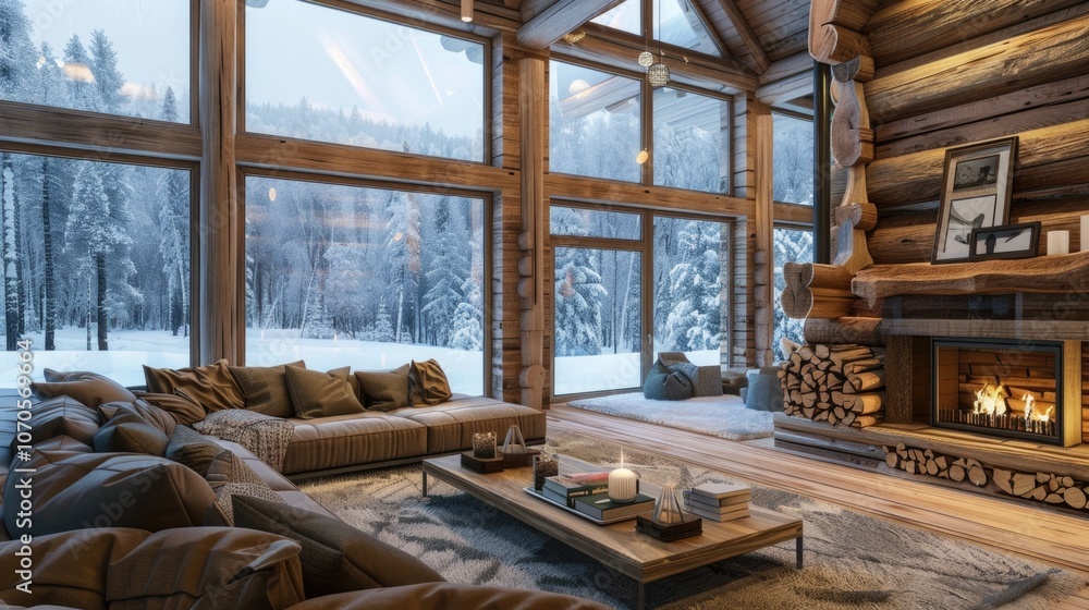Fototapeta premium Living Room Winter. Cozy Interior in Wooden Log House with Fireplace and Snowy View Outside