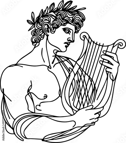 
line drawing of Apollo holding a harp, made with one continuous black line and isolated on a white background