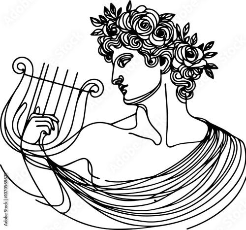 
line drawing of Apollo holding a harp, made with one continuous black line and isolated on a white background