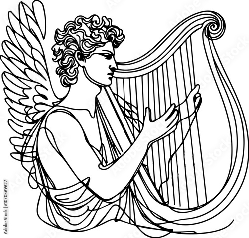 
line drawing of Apollo holding a harp, made with one continuous black line and isolated on a white background
