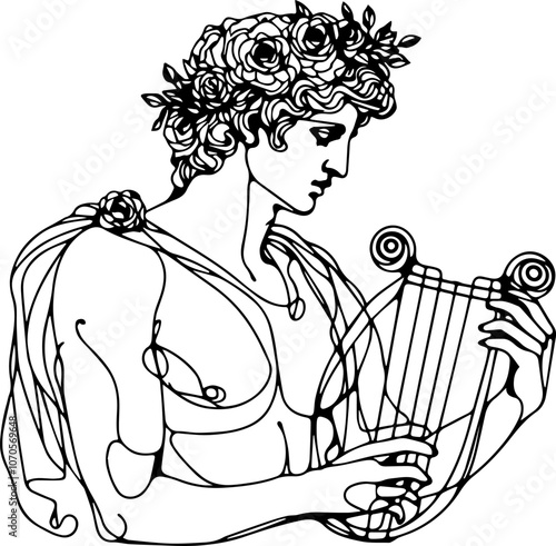 
line drawing of Apollo holding a harp, made with one continuous black line and isolated on a white background